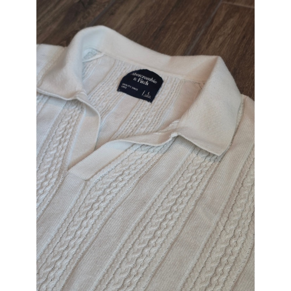 Abercrombie & Fitch Mens Cream Cable Knit Short Sleeve Sweater Johnny Collar L